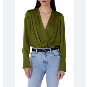 Favorite Daughter (Anthropologie) surplice long sleeve  satin bodysuit